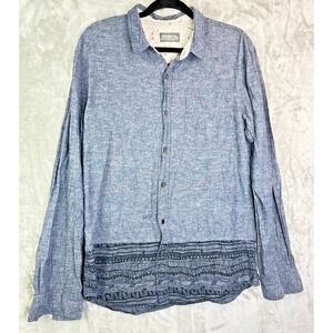 Modern Amusement Shirt Mens Large Blue Linen Button Down Geometric Print *NOTE
